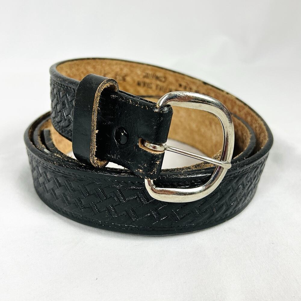 Brushy Creek Black Basketweave Embossed Cowhide Leather Belt Mens 54 USA